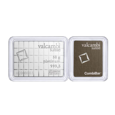 A picture of a 50 gram Platinum Valcambi CombiBar (50 x 1 g)